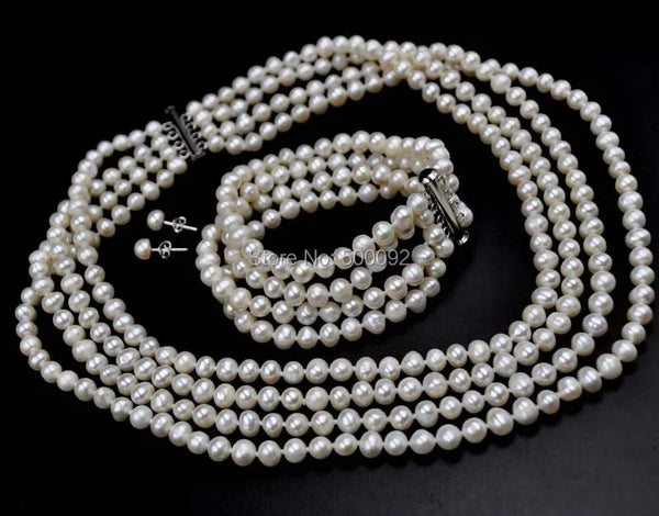 elegant 4rows Genuine white freshwater Pearl Necklace & Bracelet free Earring