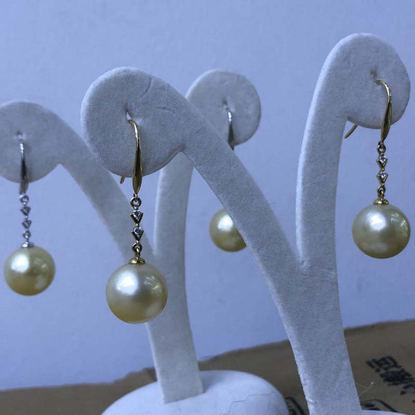 Gorgeous 18K Gold Hook Earring 12mm Round Gold Sea Water Pearl Dangle Wedding Jewelry For Women