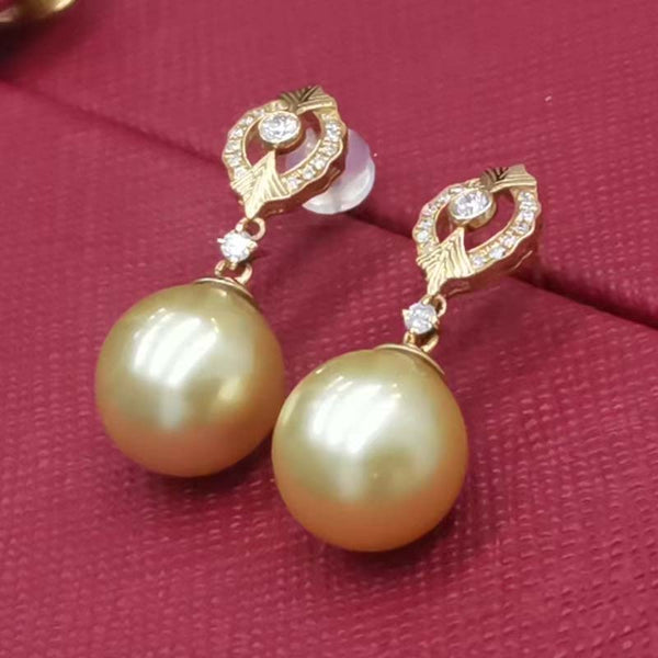 Wedding jewelry Stunning 10mm Near Round Sea Water Pearl Dangle Earring 18K GOLD Diamand