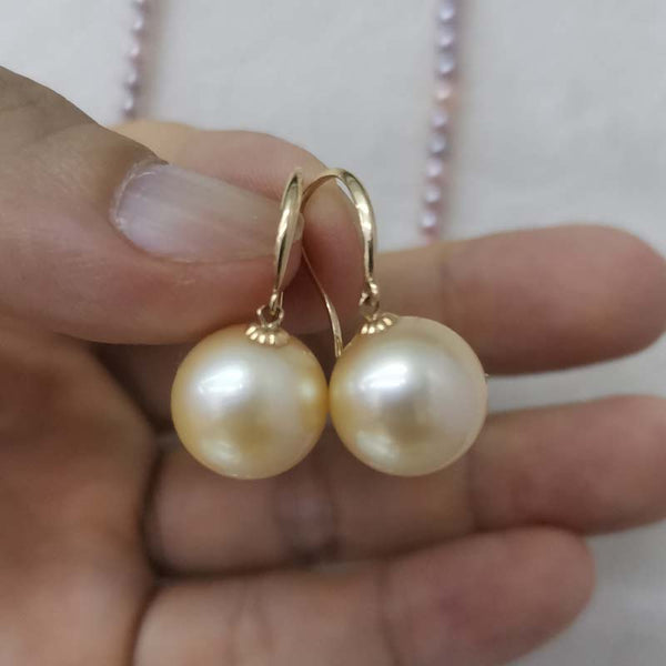Gorgeous 18K Gold Hook Earring 11mm Round Gold Sea Water Pearl Dangle Wedding Jewelry For Women