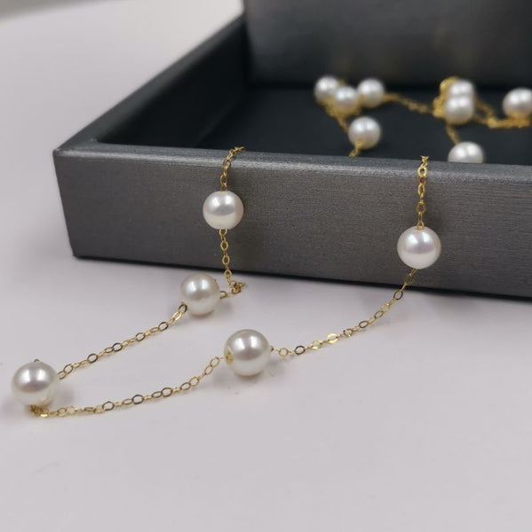 18K GOLD Chain & link necklace 5mm round FW pearl 45cm