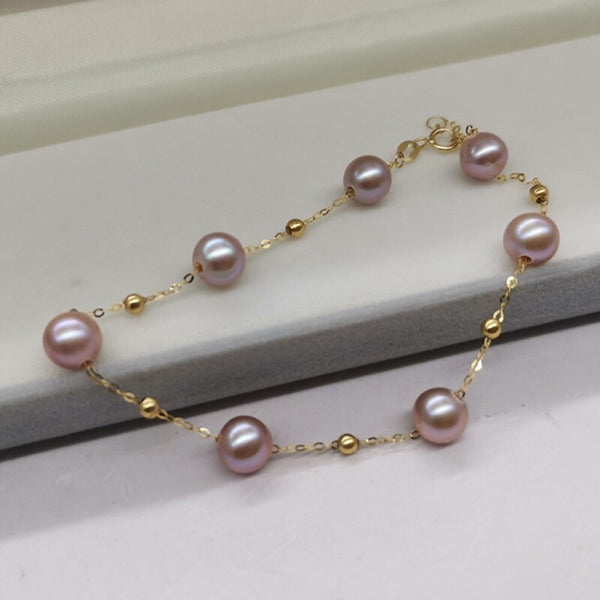 18K Gold Chain Bracelet Round Pearl Women's Wedding Jewelry 6-7mm purple