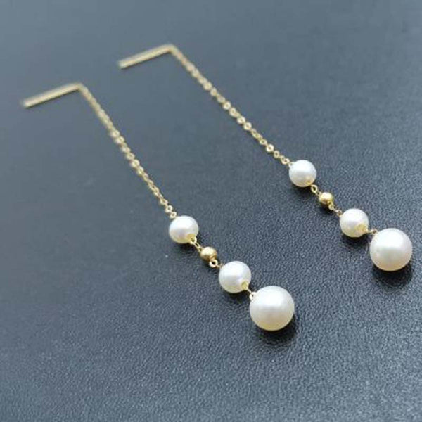 75mm long style round pearl dangle earring 4-6mm white 18k gold