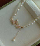 Small 3mm rice white freshwater pearl necklace 40cm 14k gold filled butterfly style