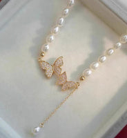 Small 3mm rice white freshwater pearl necklace 40cm 14k gold filled butterfly style