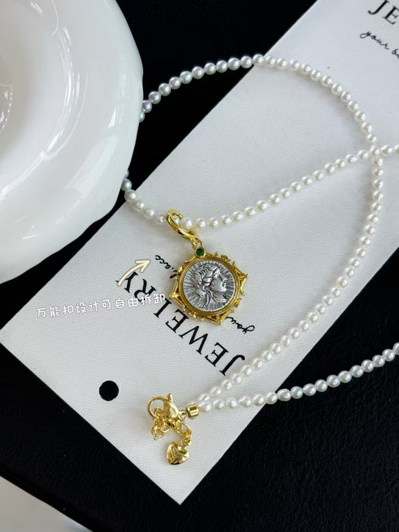 2025 NEW Antique style small freshwater pearl 3-4mm rice shape Necklace GOLD Universal buckle Pendant