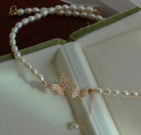 Small 3mm rice white freshwater pearl necklace 40cm 14k gold filled butterfly style