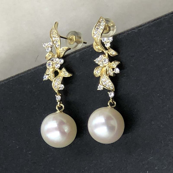 ELEISPL FINE JEWELRY AAA Perfect Round White Pearls Dangle Earrings Sterling Silver