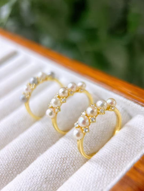Gorgeous 3-4mm small sea water akoya pearls ring golden