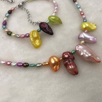 ELEISPLWholesale Fashion Jewelry For Girls 2 Sets 4mm Rice Real Pearl Multicolours Necklace & Bracelets #498-30-1