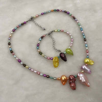 ELEISPLWholesale Fashion Jewelry For Girls 2 Sets 4mm Rice Real Pearl Multicolours Necklace & Bracelets #498-30-1