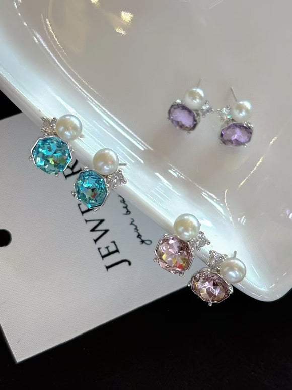 20 pairs Flashing studs earring crystal white pearl 925 silver needle