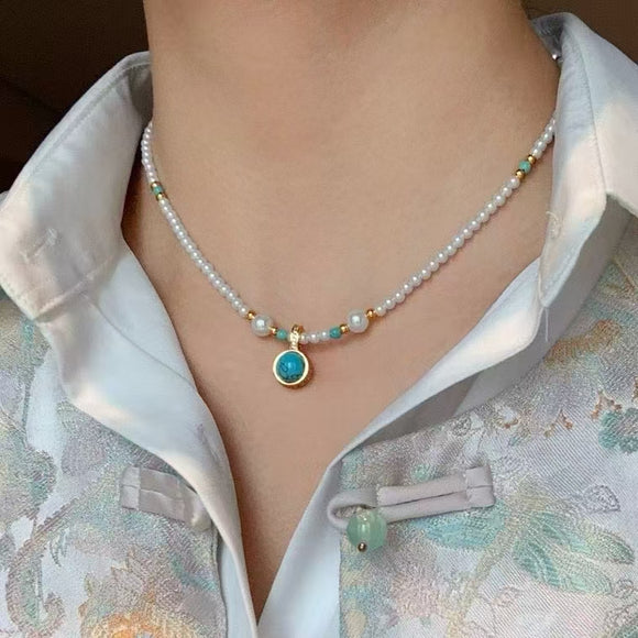 2025 small 3-4mm rice freshwater cutlrued pearl necklace green stone pendant 14KGF