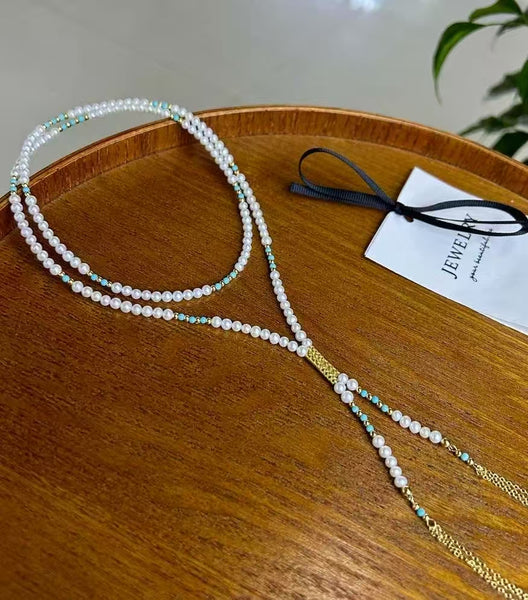 Magnetic buckle imported from Italy, K  gold process, natural freshwater baby pearls, versatile necklace set. Pure silver - plated with gold, sparkling bamboo - joint chain, which can be transformed into a Y - shaped chain, a U - shaped chain or a choker.