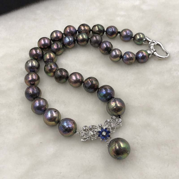 ELEISPL 48cm 11-15mm black freshwater pearl necklace pendant  #500-2