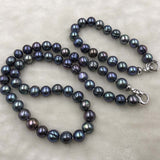 ELEISPL One Set 9-10mm Black Freshwater Pearls 50cm Necklace & 19cm Bracelet #501-15