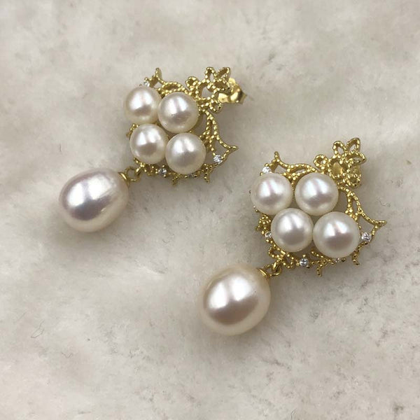 ELEISPL JEWELRY Golden Fashion Style White Freshwater Pearls Studs%Drop  earring #508-7-2