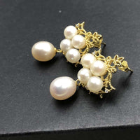 ELEISPL JEWELRY Golden Fashion Style White Freshwater Pearls Studs%Drop  earring #508-7-2