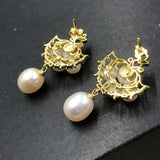 ELEISPL JEWELRY Golden Fashion Style White Freshwater Pearls Studs%Drop  earring #508-7-2