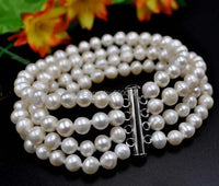 elegant 4rows Genuine white freshwater Pearl Necklace & Bracelet free Earring