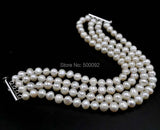 elegant 4rows Genuine white freshwater Pearl Necklace & Bracelet free Earring