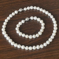 [ELEISPL] 1 Set 9mm Natural White Fresh Water Pearl Necklace & Bracelet Magnetic Clasp