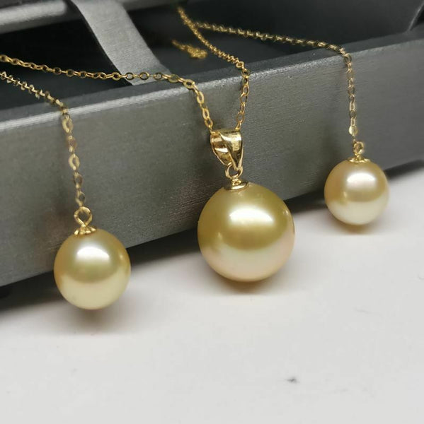 G18K Near round drop gold sea water pearl pendant & dangle earring set