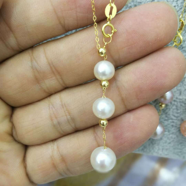 AAA 6-9mm round 3pcs freshwater pearl necklace pendant G18K Chain