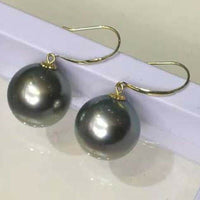 GORGEOUS 12mm round black Tahitian pearl earring dangle 18k-gold hook