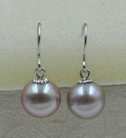 AAA Natural lavender 8.5mm round FW pearl dangle earring 14k-white gold hook