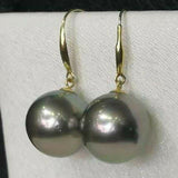 GORGEOUS 12mm round black Tahitian pearl earring dangle 18k-gold hook