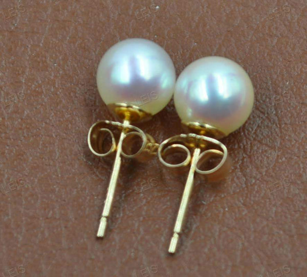 GORGEOUS 14K-solid gold 6mm round Akoya pearl studs earring free shipping