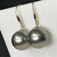 GORGEOUS 12mm round black Tahitian pearl earring dangle 18k-gold hook