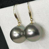 GORGEOUS 12mm round black pearl earring dangle 18k-gold hook