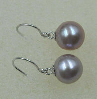 AAA Natural lavender 8.5mm round FW pearl dangle earring 14k-white gold hook