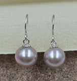 AAA Natural lavender 8.5mm round FW pearl dangle earring 14k-white gold hook