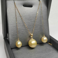 G18K Near round drop gold sea water pearl pendant & dangle earring set