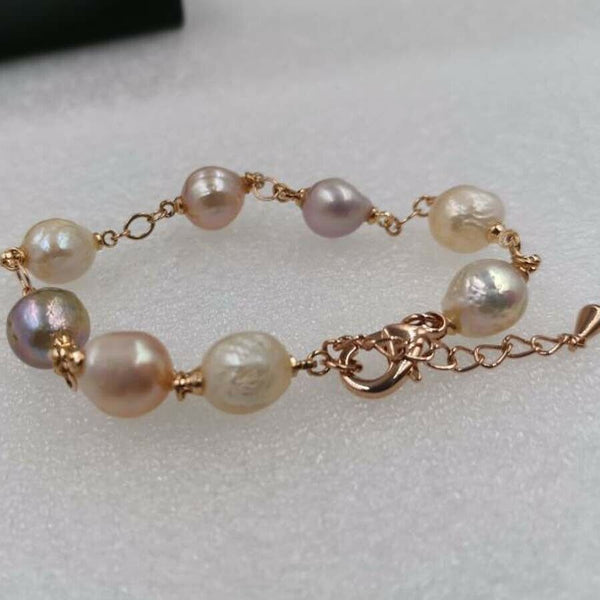 10mm natural furrrow freshwater pearl rose gold chain bracelet 21cm+4cm