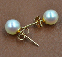 GORGEOUS 14K-solid gold 6mm round Akoya pearl studs earring free shipping