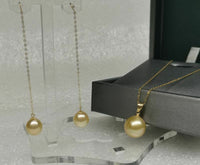 G18K Near round drop gold sea water pearl pendant & dangle earring set