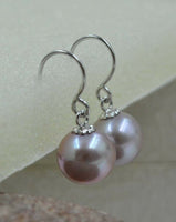 AAA Natural lavender 8.5mm round FW pearl dangle earring 14k-white gold hook