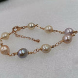 10mm natural furrrow freshwater pearl rose gold chain bracelet 21cm+4cm