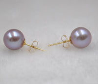 GORGEOUS 14K yellow gold 8.5-9mm round Natural purple pearl earring
