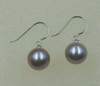 AAA Natural lavender 8.5mm round FW pearl dangle earring 14k-white gold hook