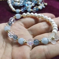 100 Qty Fashion Style White Real Pearl & Crystal Beads Elastic Bracelets Lots