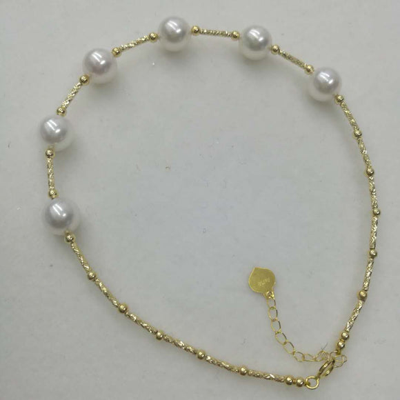 New 6-7mm akoa pearl G18K Chain bracelet 2mm gold ball