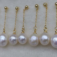 ELEISPL Golden Studs Small Ball S925 Chain Dangle FW Pearl Earrings 10 Pairs 8mm 9mm