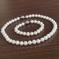 [ELEISPL] 1 Set 9mm Natural White Fresh Water Pearl Necklace & Bracelet Magnetic Clasp