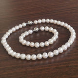 [ELEISPL] 1 Set 9mm Natural White Fresh Water Pearl Necklace & Bracelet Magnetic Clasp