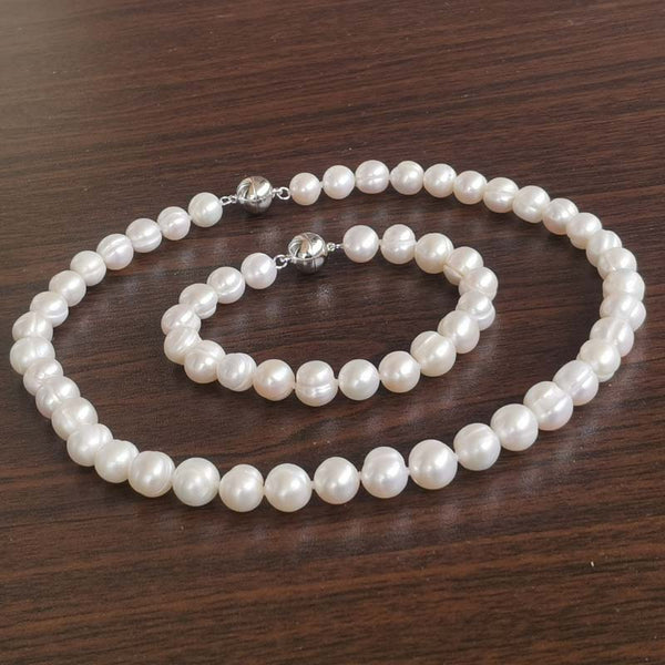 [ELEISPL] 1 Set 9mm Natural White Fresh Water Pearl Necklace & Bracelet Magnetic Clasp